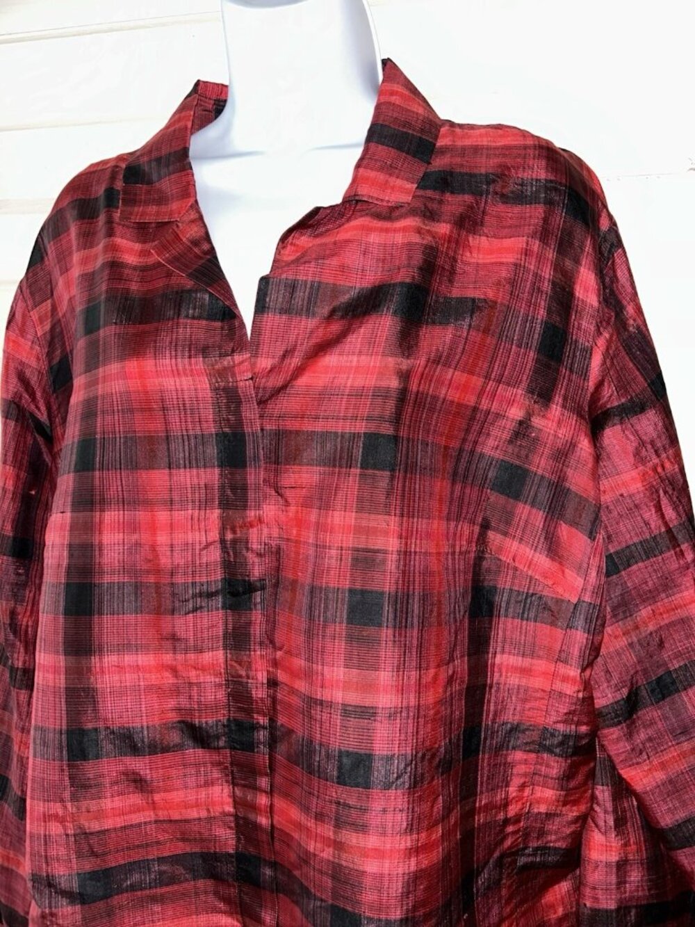VTG Chicos Sz 3 (XL) 100% Silk Red Black Plaid Tunic Jacket Shacket Blouse EUC